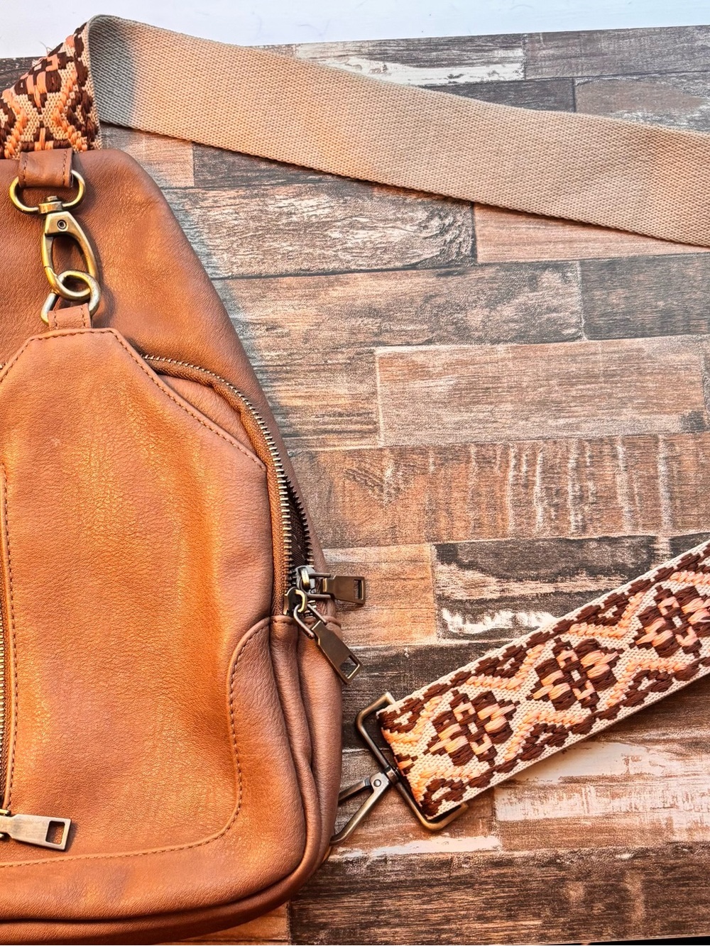 Altar'd State Tan/Brown Leather Crossbody Bag with Patterned Woven Strap